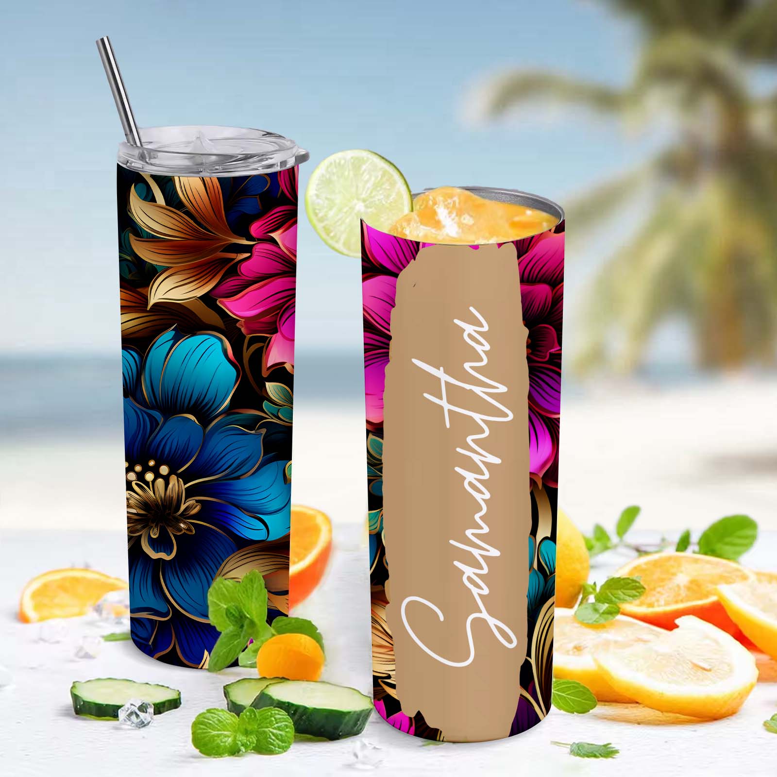 Personalized Name Floral Tumbler Water Cup Gift for Girl