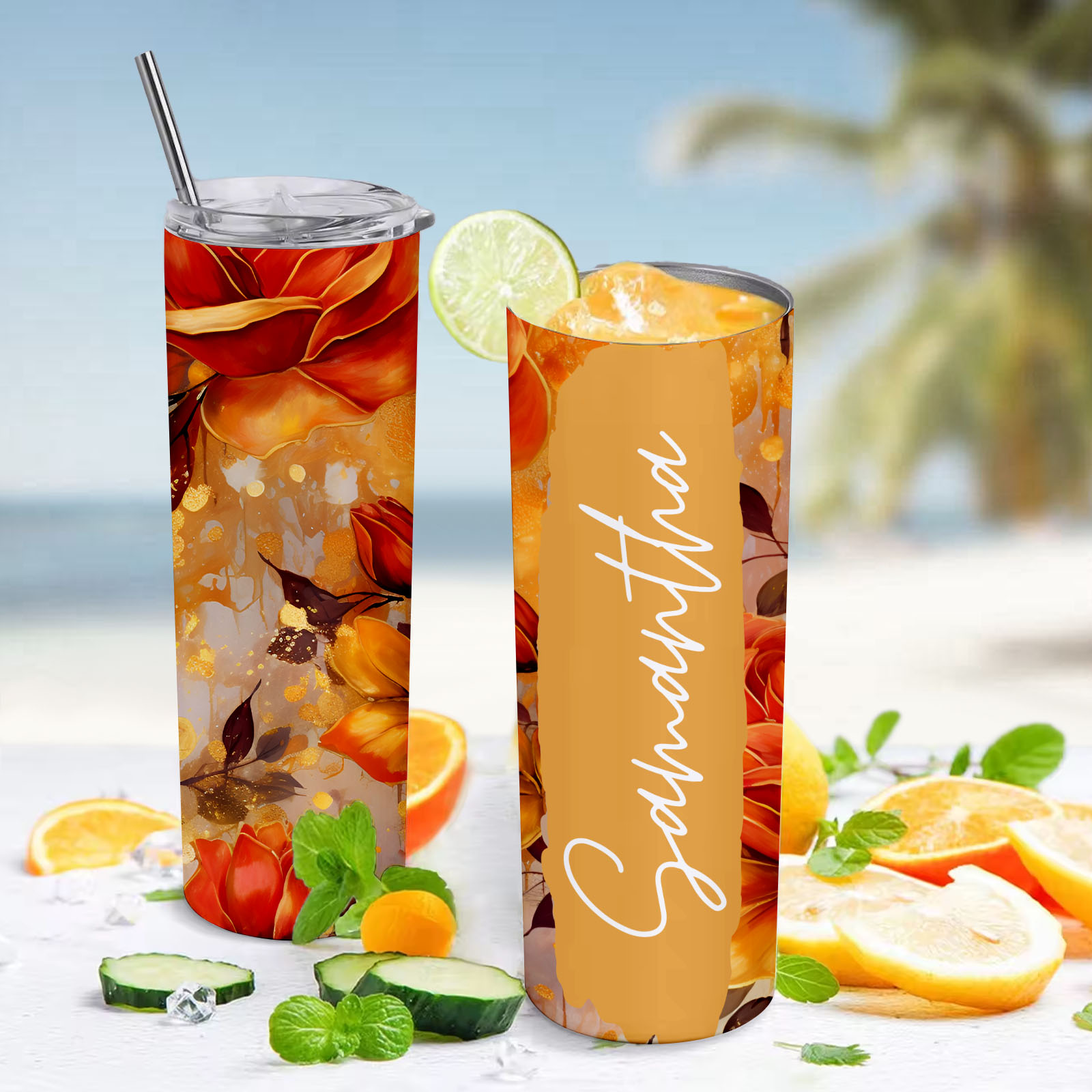 Custom Name Floral Tumbler Personalized Water Cup Skinny Wedding Gift