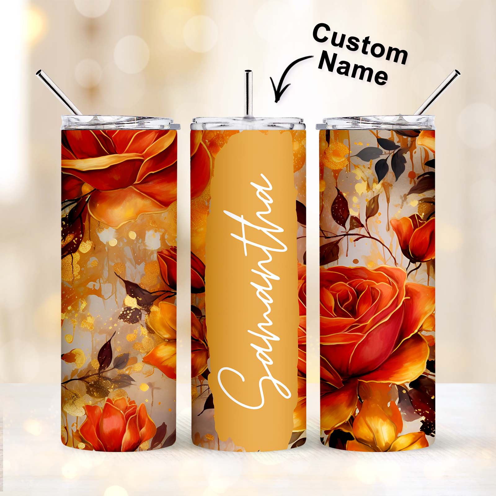 Custom Name Floral Tumbler Personalized Water Cup Skinny Wedding Gift