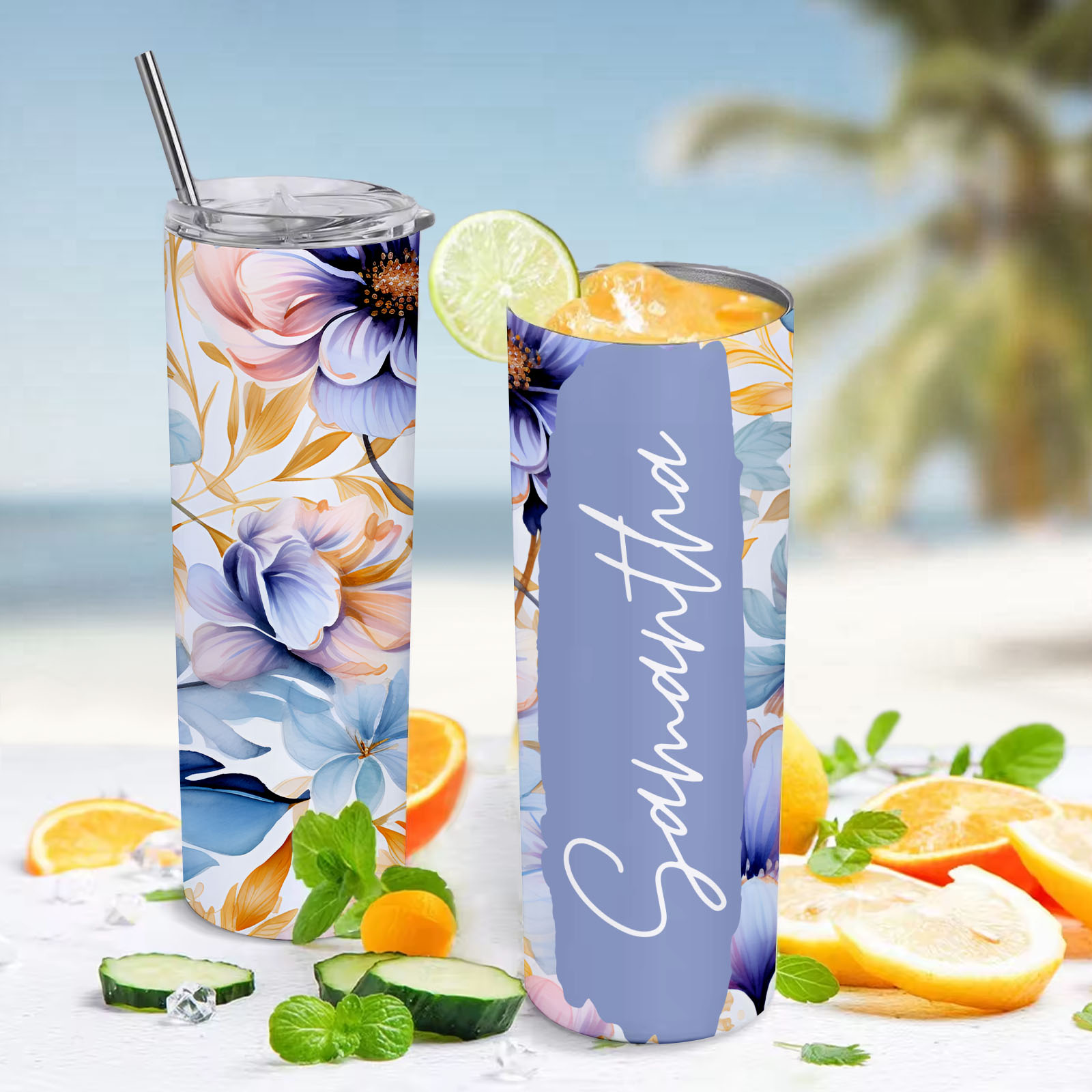 Add Your Own Name Floral Tumbler 20oz Skinny Flower Cup