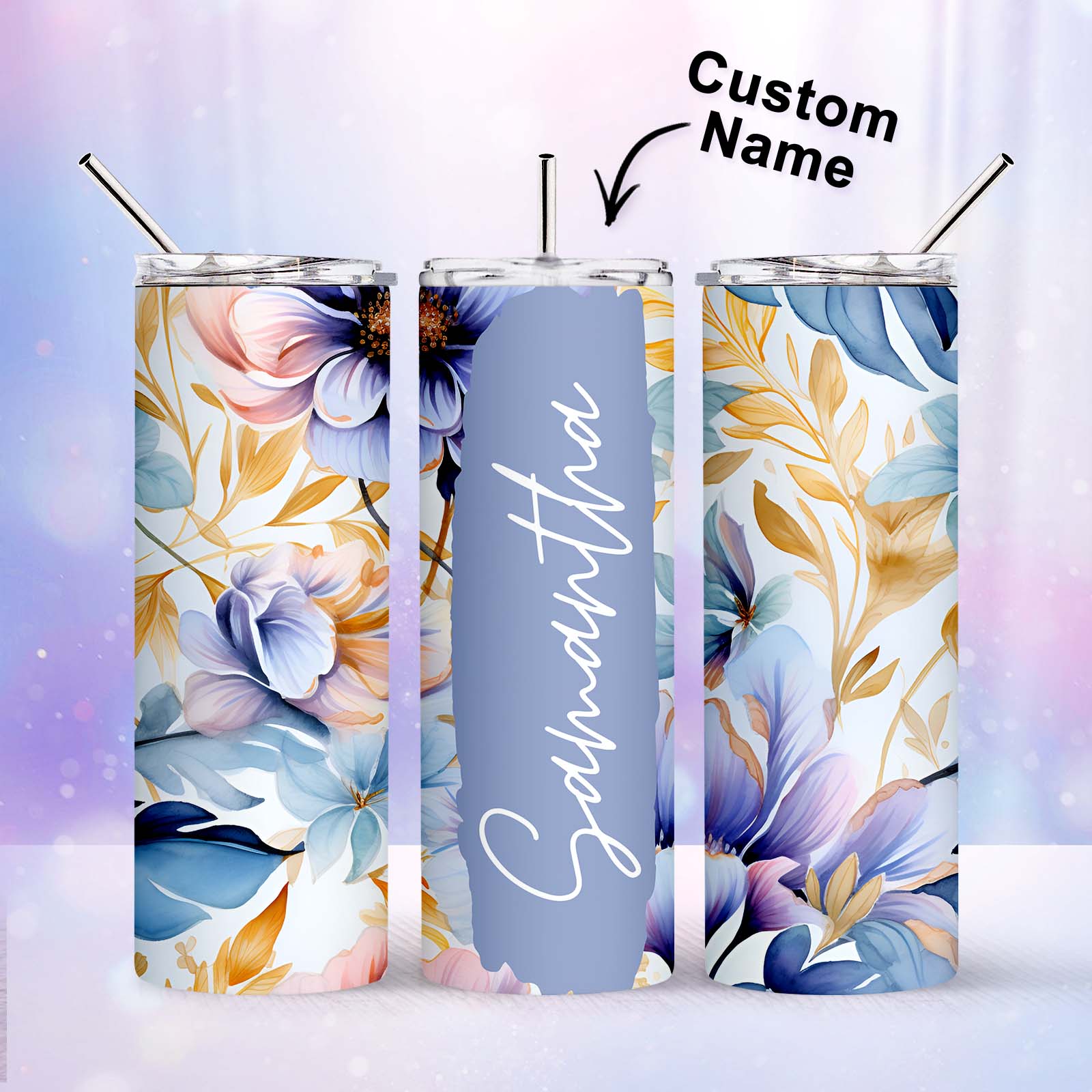Add Your Own Name Floral Tumbler 20oz Skinny Flower Cup