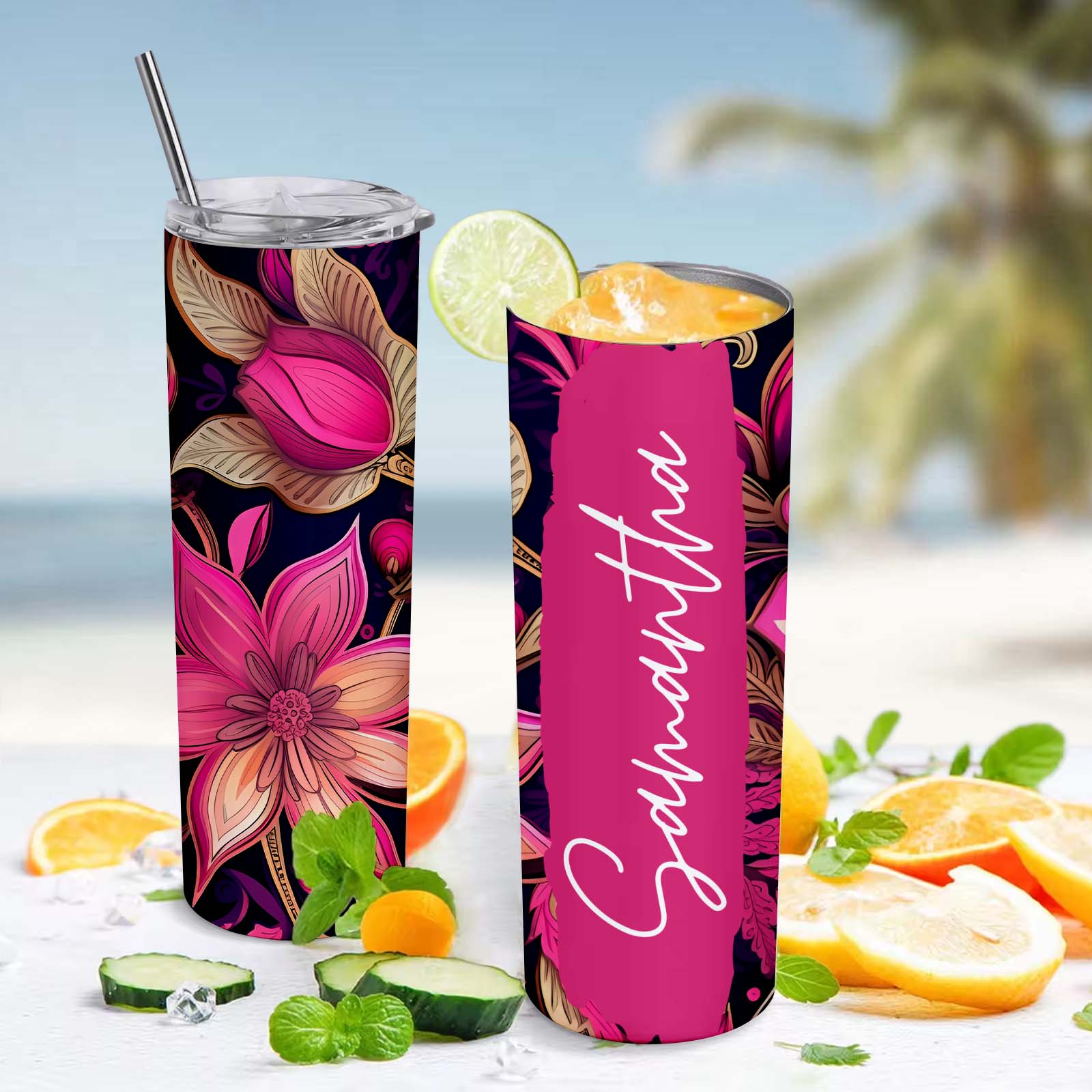 Personalized Text Floral Tumbler 20oz Creative Gift for Girl