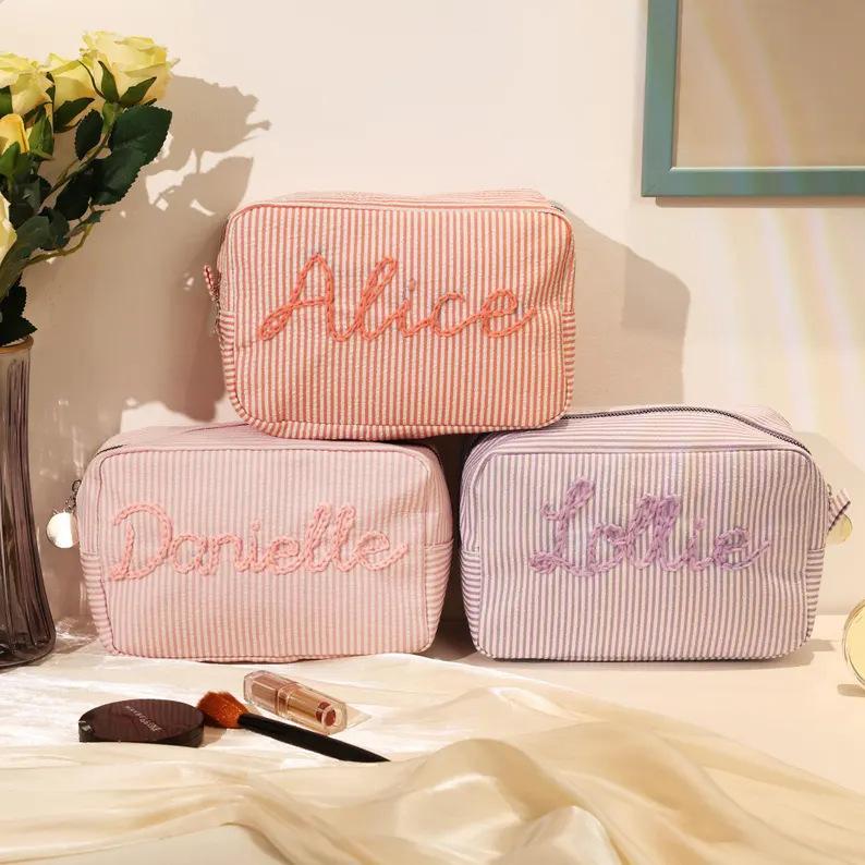 Personalized Chunky Yarn Name Pouch Handmade Seersucker Striped Toiletry & Makeup Bag