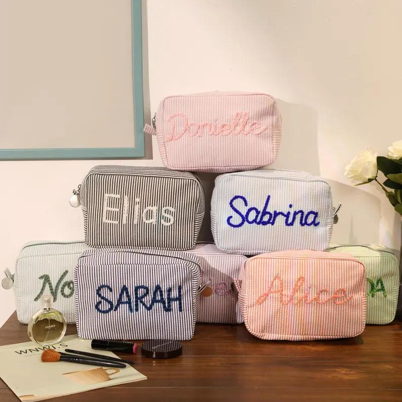 Personalized Chunky Yarn Name Pouch Handmade Seersucker Striped Toiletry & Makeup Bag