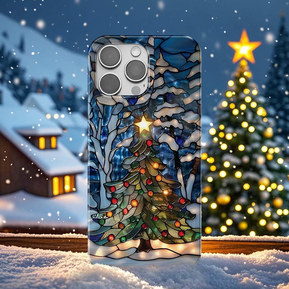 Christmas Tree Phone Case Faux Stained Glass Winter Forest Cover Christmas Gift for Galaxy S 24 23 22 21 Pixel 5 6 7 8 iPhone 15 14 13 12 11