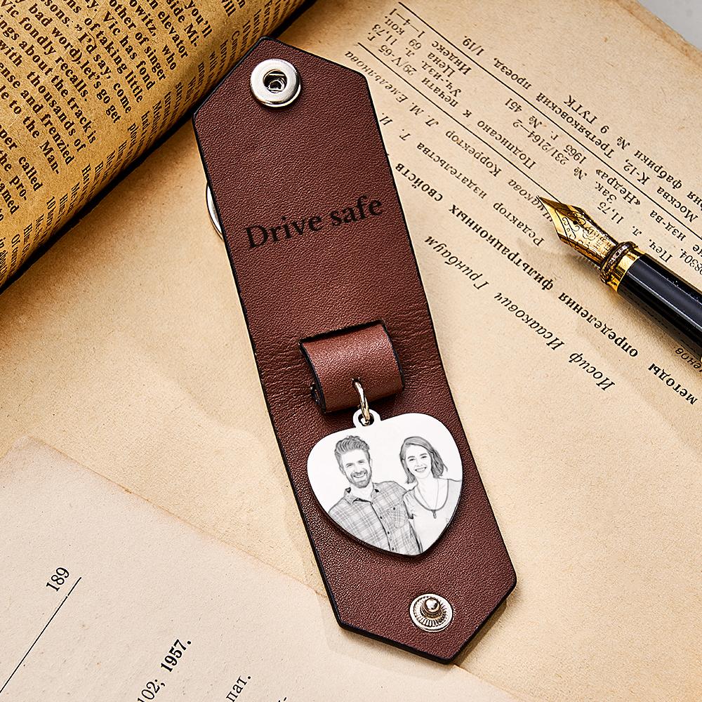 Custom Heart Shaped Photo Leather Keychain With Text Annivesary Gifts For Men -