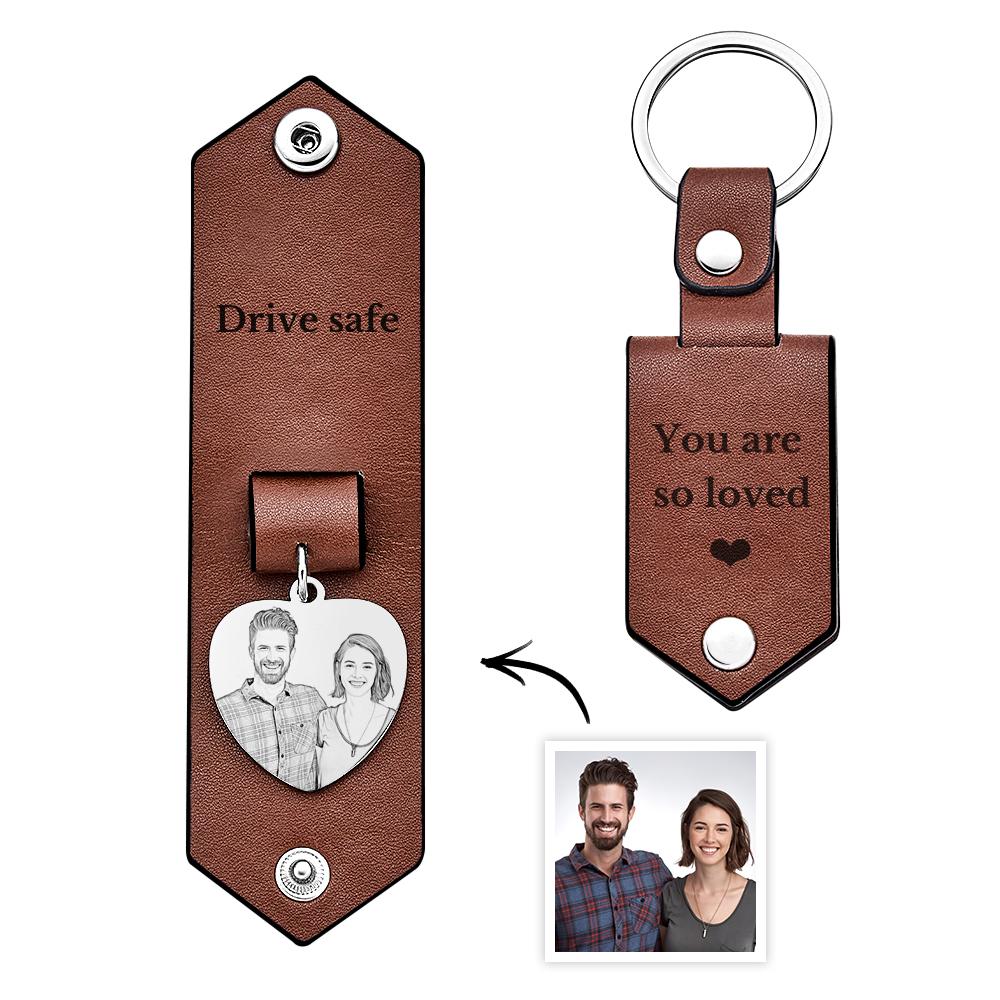 Custom Heart Shaped Photo Leather Keychain With Text Annivesary Gifts For Men -