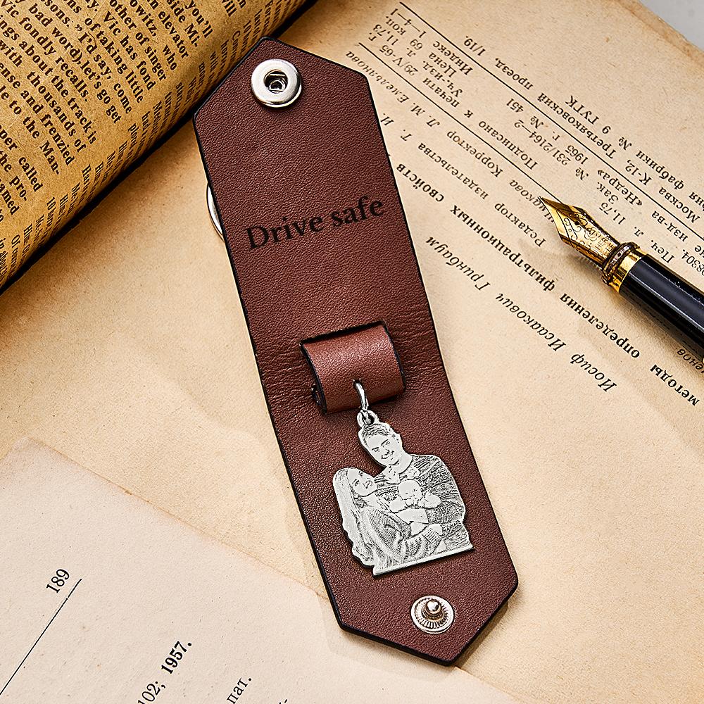 Custom Photo Leather Keychain With Text Annivesary Gifts For Men -
