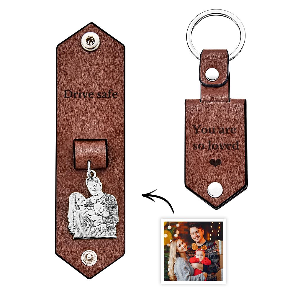 Custom Photo Leather Keychain With Text Annivesary Gifts For Men -