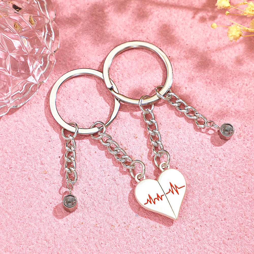 Custom Photo Heart Keychains Couple Projection Photo Magnetic Heartbeat Keyrings -