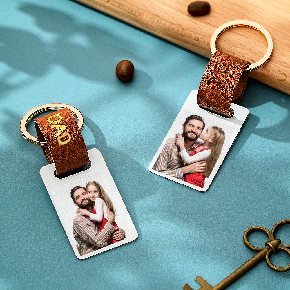 Personalised Dad Photo Keyring Custom Leather Photograph Keychain Father's Day Gift For Him