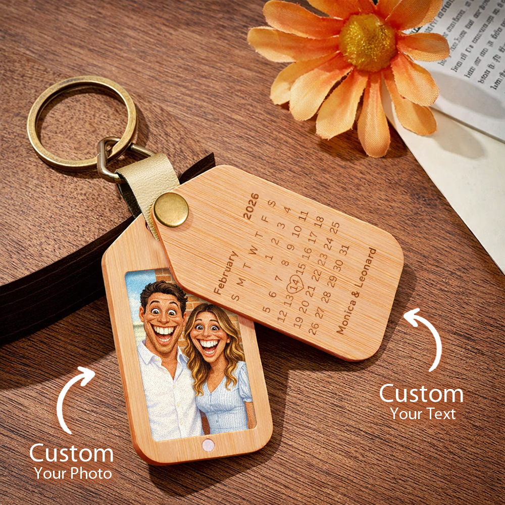 Personalised Wooden Cartoon Style Photo Keychain Customized Date Gift for Couple - 