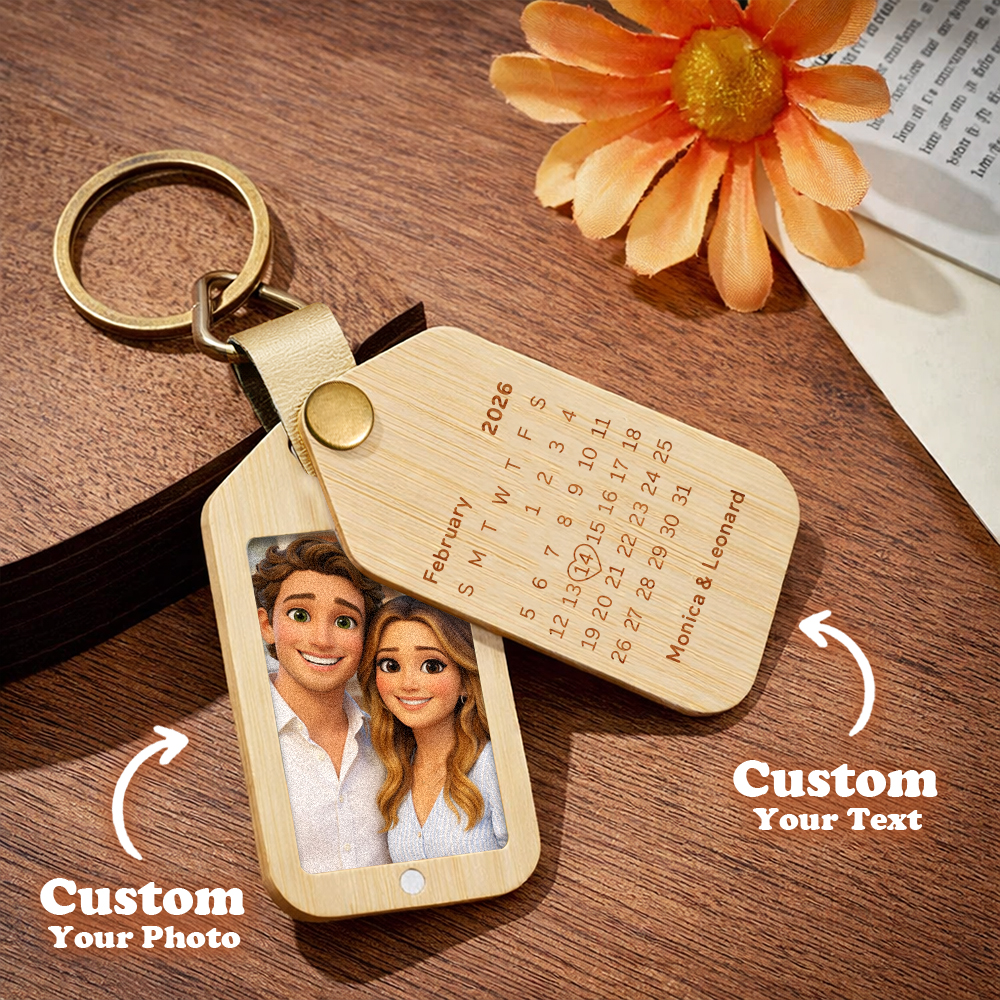 Personalised Wooden Cartoon Style Photo Keychain Customized Date Gift for Couple - 