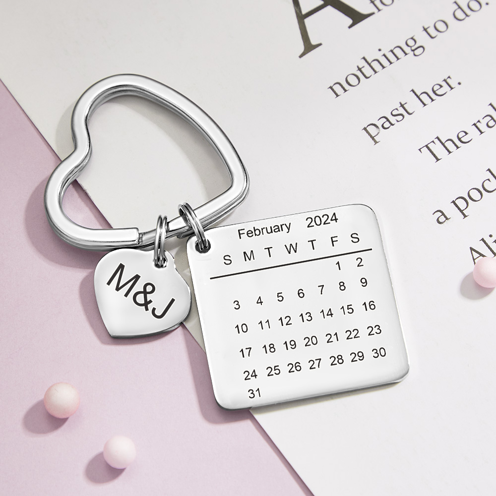 Wedding Anniversary Keychains Custom Engraved Calendar Heart Keyring Save the Date Gift for Him