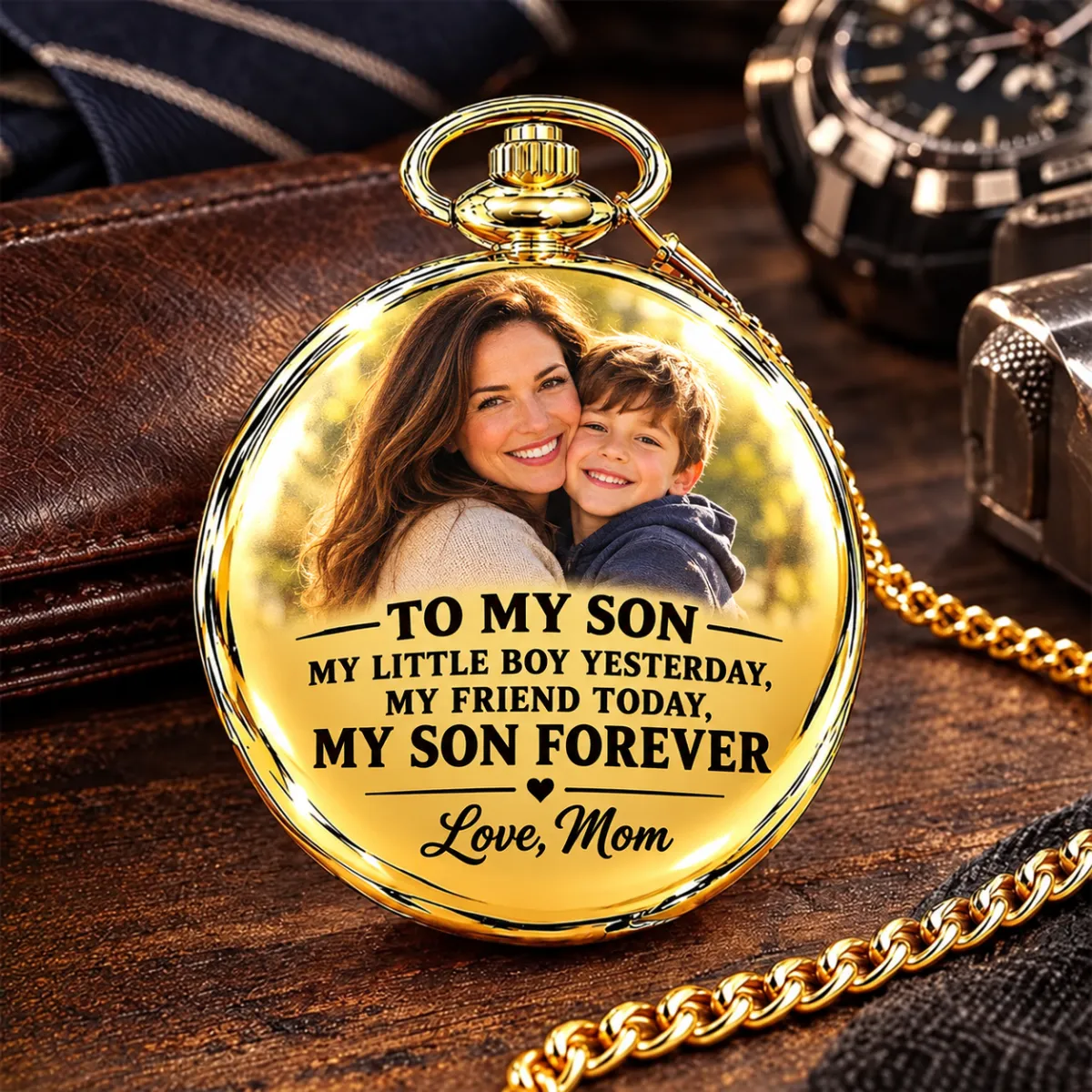 To My Son - Personalized Photo Custom Print Pocket Watch Gift from Dad and Mom