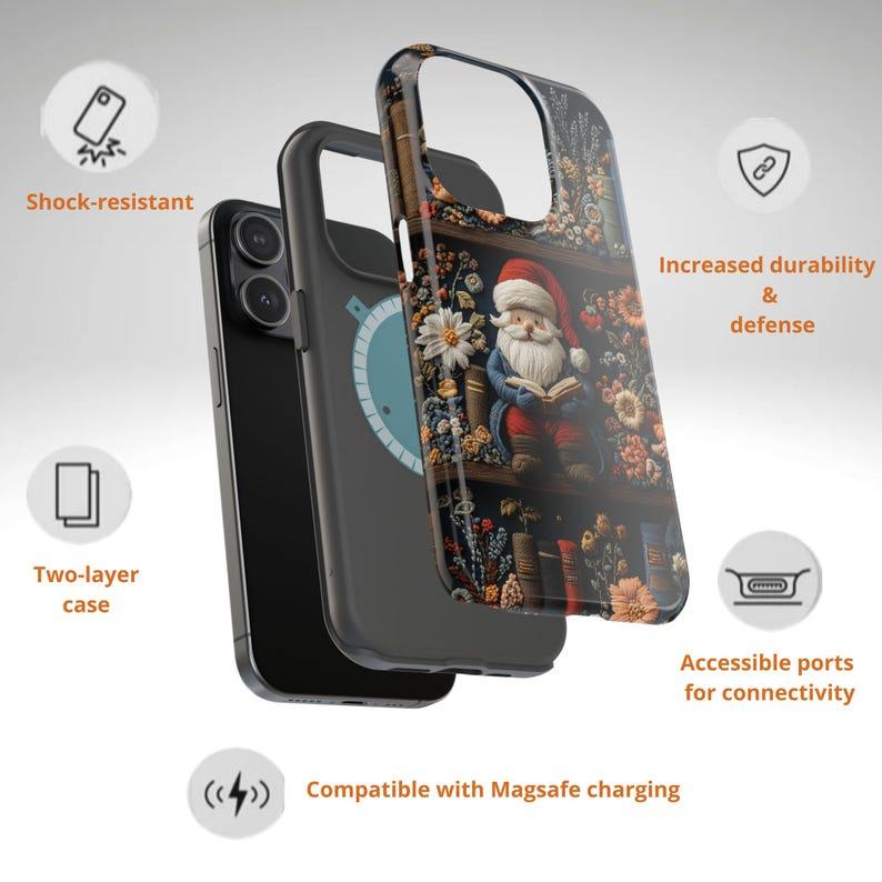 Cute Bookish Santa Phone Case,Whimsical Christmas iPhone MagSafe,Santa on bookshelf phone case,Faux embroidery Santa phone case,magsafe case