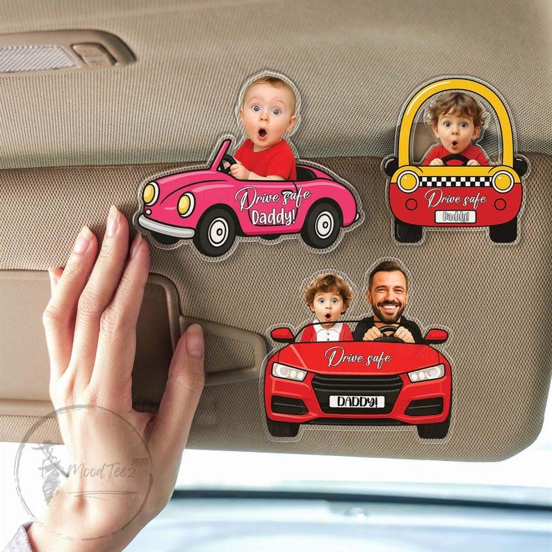 Funny Father's Day Gift, Custom Photo Dad Car Visor Clip, Drive Safe Daddy Gift, Vintage Car Baby Face Visor Clip, Kid Face Toy Car, New Dad
