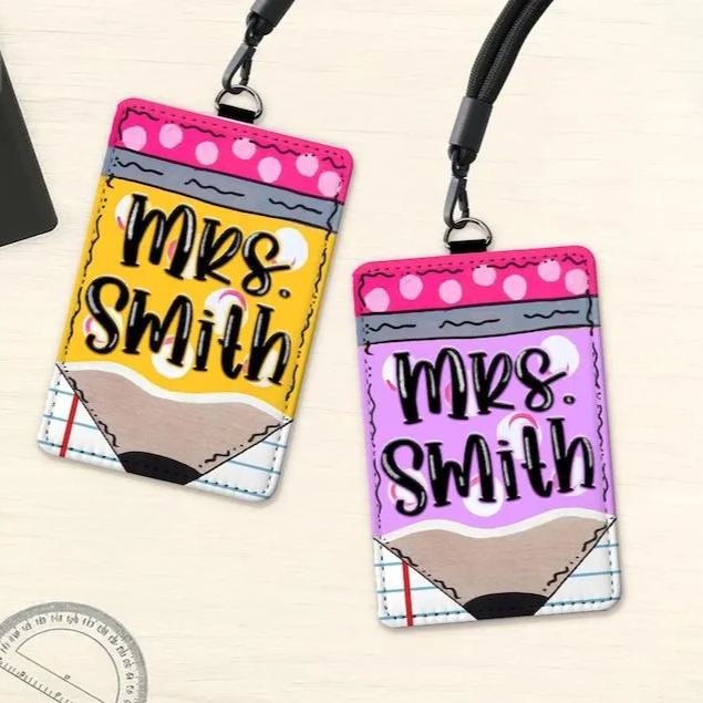 Personalized Teacher Back To School Gift, Pencil Teacher ID Badge Holder, Custom Lanyard Accessories For Educator, Teacher School Supplies