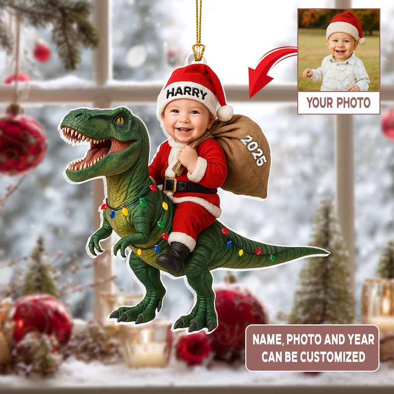 Dinosaur Christmas Ornament, Kid Photo Christmas Ornament, Grandson Ornament, Funny Santa Kid Ornament, Grandson First Christmas Gifts
