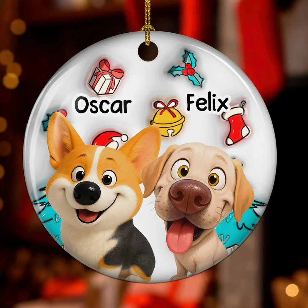 Ceramic Ornament with Custom Photo Cartoon Dog and Christmas Theme, High Clarity, Fun Gift for Pet Lovers