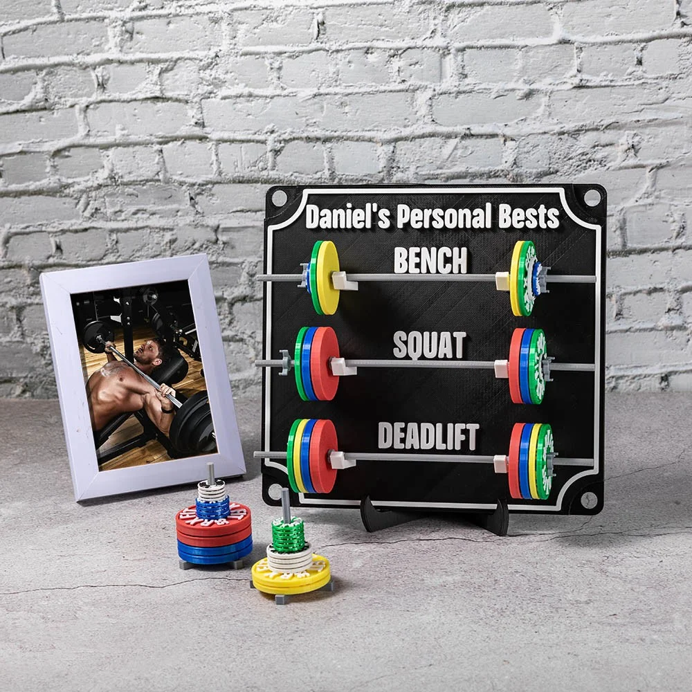 Custom Weightlifting Personal Tracking Board, 3D Printed Fitness Recording Board with Minibarbells for Home Gym Workout, Gift for Sports Lover
