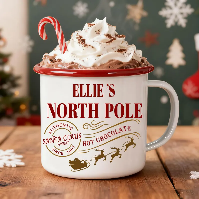 Children's Hot Chocolate Mug - Custom Name Christmas Cocoa Enamel Cup, 10oz & 15oz, Ideal as Christmas Eve Box Filler and Holiday Gift