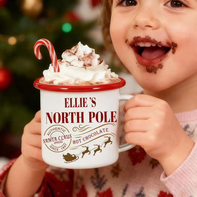 Children's Hot Chocolate Mug - Custom Name Christmas Cocoa Enamel Cup, 10oz & 15oz, Ideal as Christmas Eve Box Filler and Holiday Gift