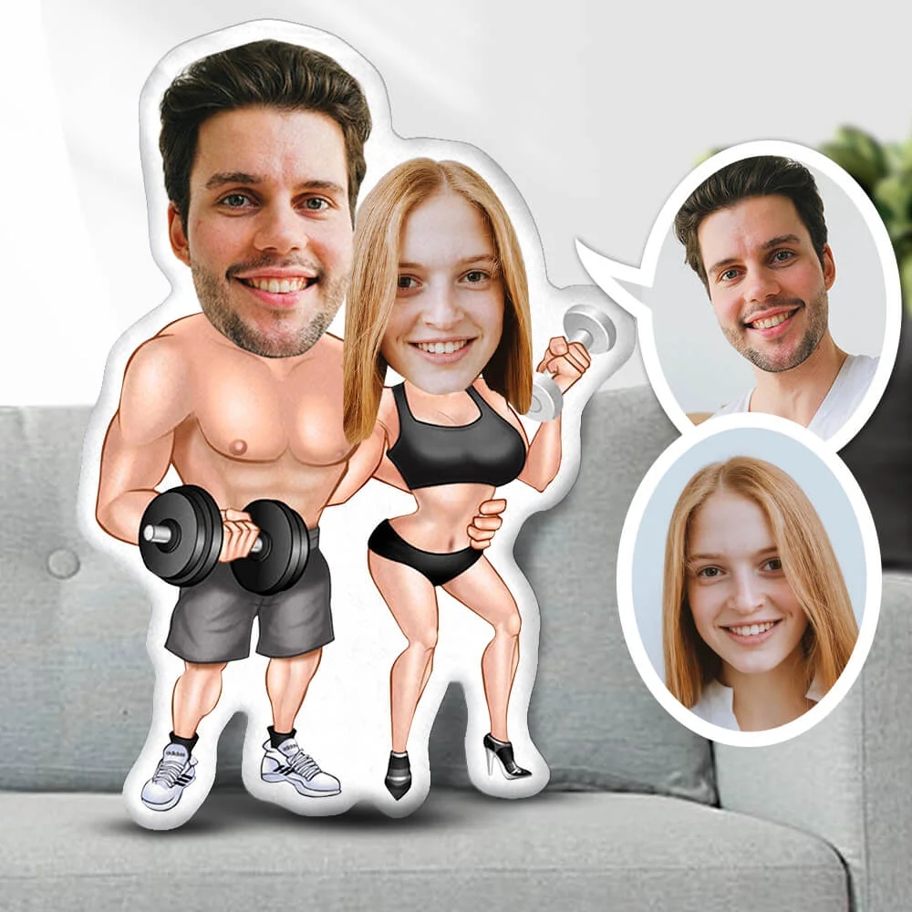 Valentine's Day Couple Minme Pillow Memorial Day Pillow, Custom Photo Face Pillow, Fitness Couple With Dumbbel Photo Face Pillow, Face Picture Pillow Dolls and Toys - 