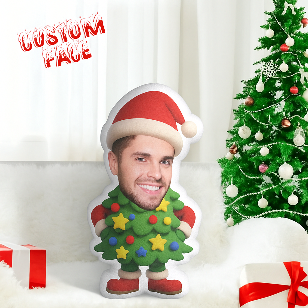 Custom Face Christmas Tree Pillow, Personalized Portrait Pillow