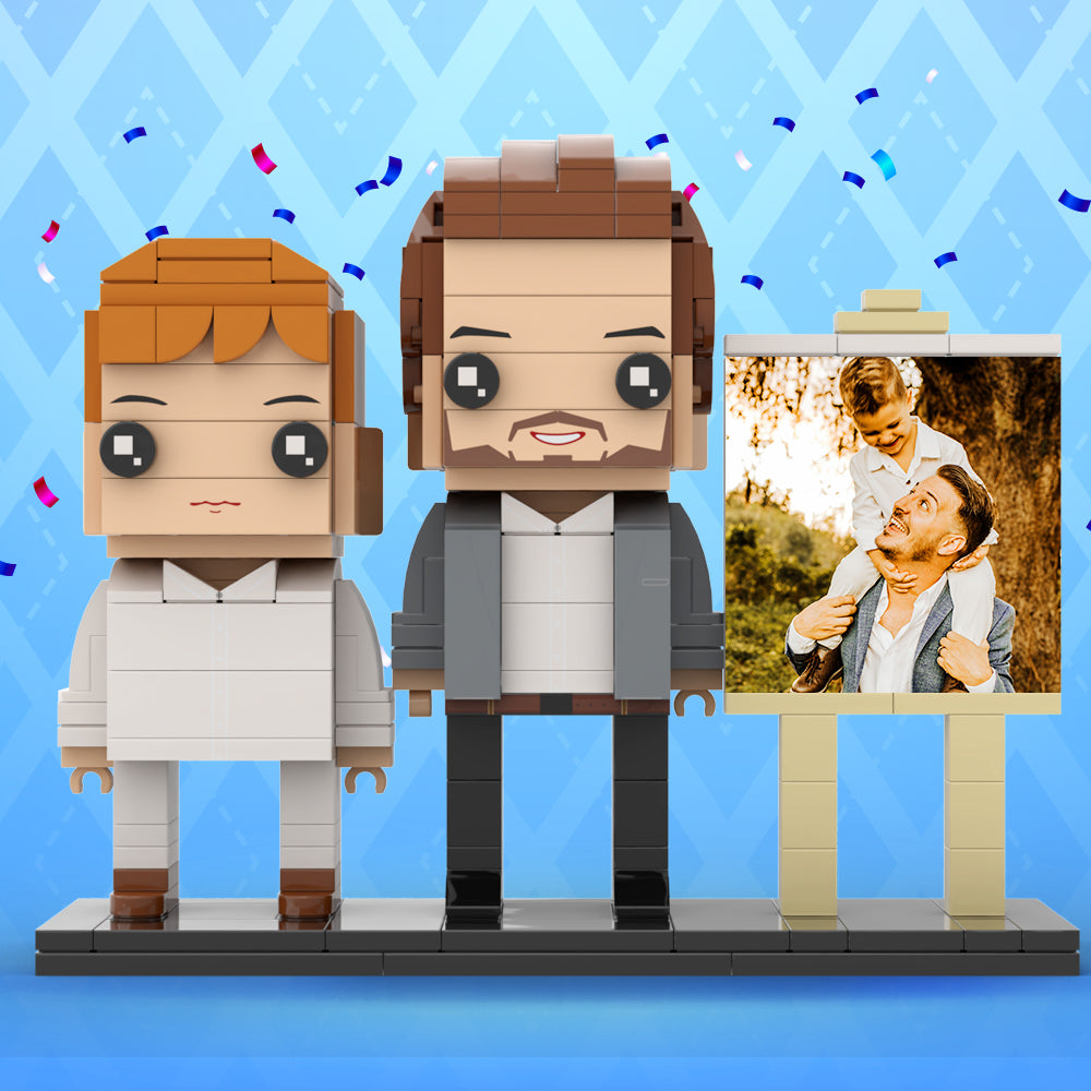 Full Body Customizable 2 People Little Son Sit On Daddy's Shoulder Photo Frame Personalized Custom Brick Figures Small Particle Block Toy Personalized For Father's Day - 