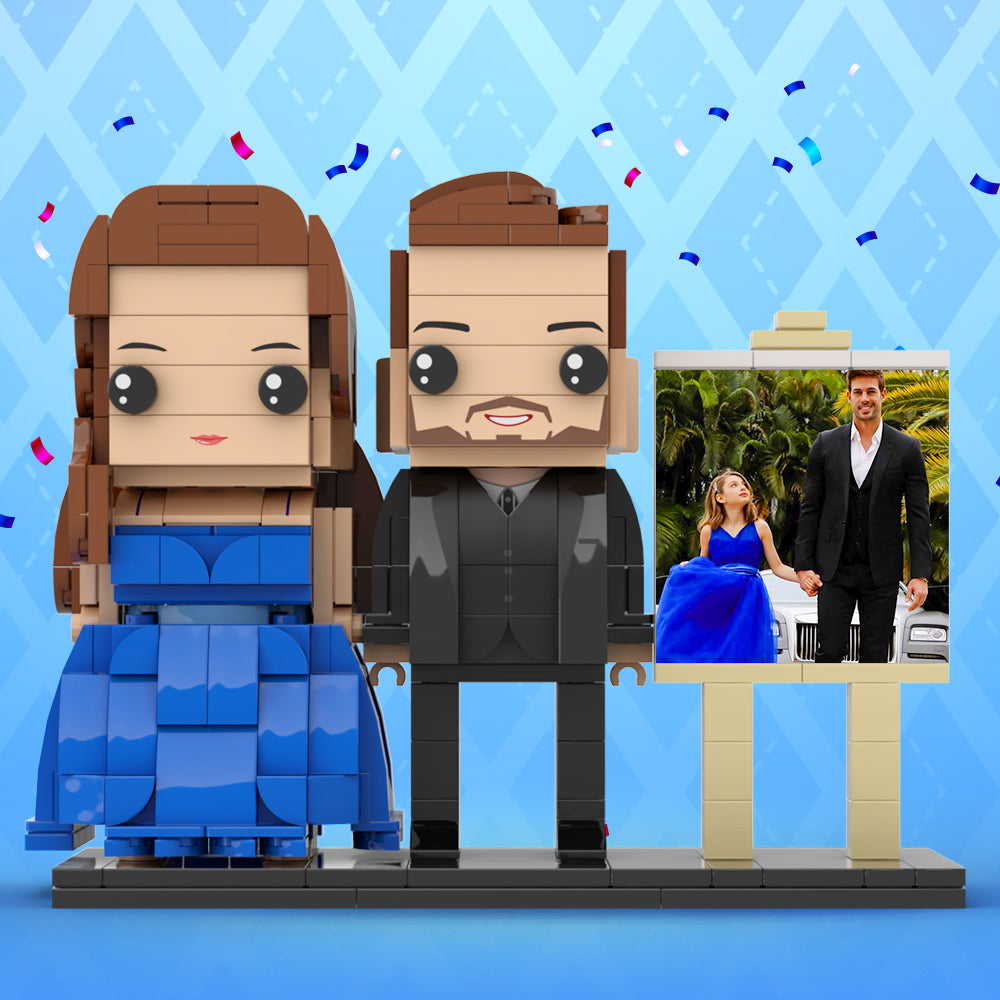 Full Body Customizable 2 People Dad And His Daughter In Perfect Blue Dress Photo Frame Personalized Custom Brick Figures Small Particle Block Toy Personalized For Father's Day - 