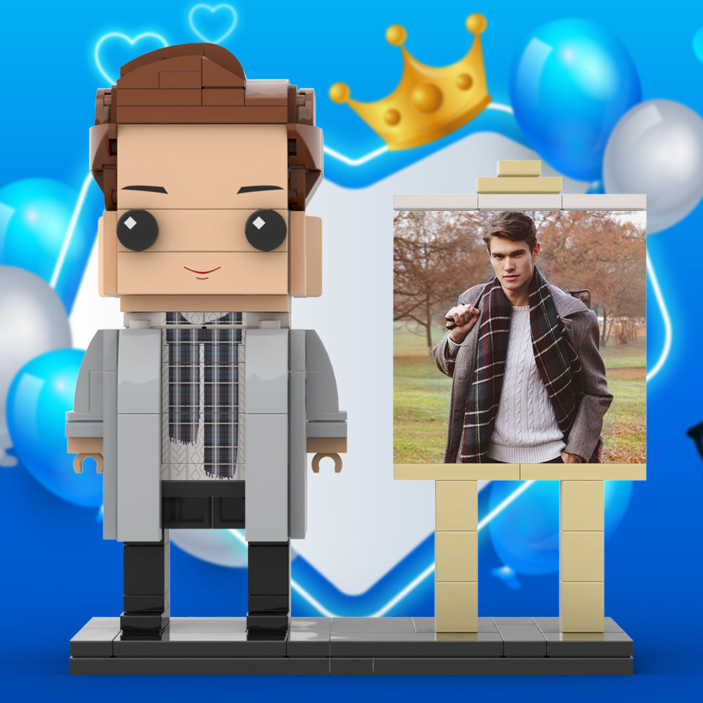 Full Body Customizable 1 Person Stylish Young Daddy With Scarf Custom Brick with Frame Figures Small Particle Block Toy Brick Me Figures For Father's Day - 