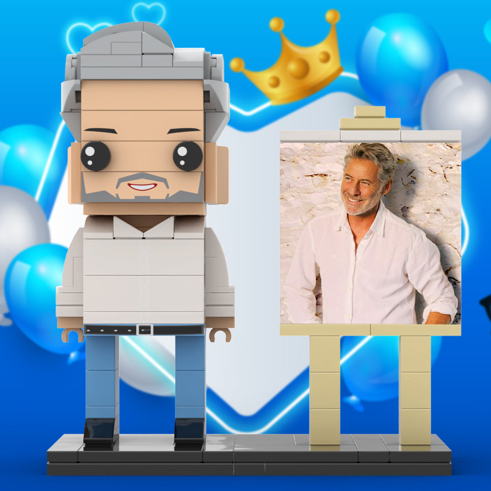 Full Body Customizable 1 Person Daddy With Classic White Shirt And Jeans Custom Brick with Frame Figures Small Particle Block Toy Brick Me Figures For Father's Day - 