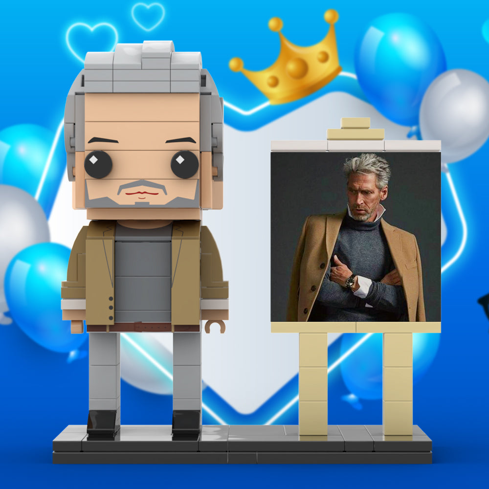 Full Body Customizable 1 Person Cool Grey Hair Daddy In Brown Jacket Custom Brick with Frame Figures Small Particle Block Toy Brick Me Figures For Father's Day - 