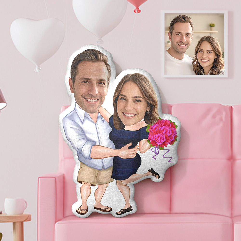 Custom Minime Pillow Couple Cushion Dolls Personalized Flowers Blue Skirt Photo Face Pillow Valentine's Day Gift