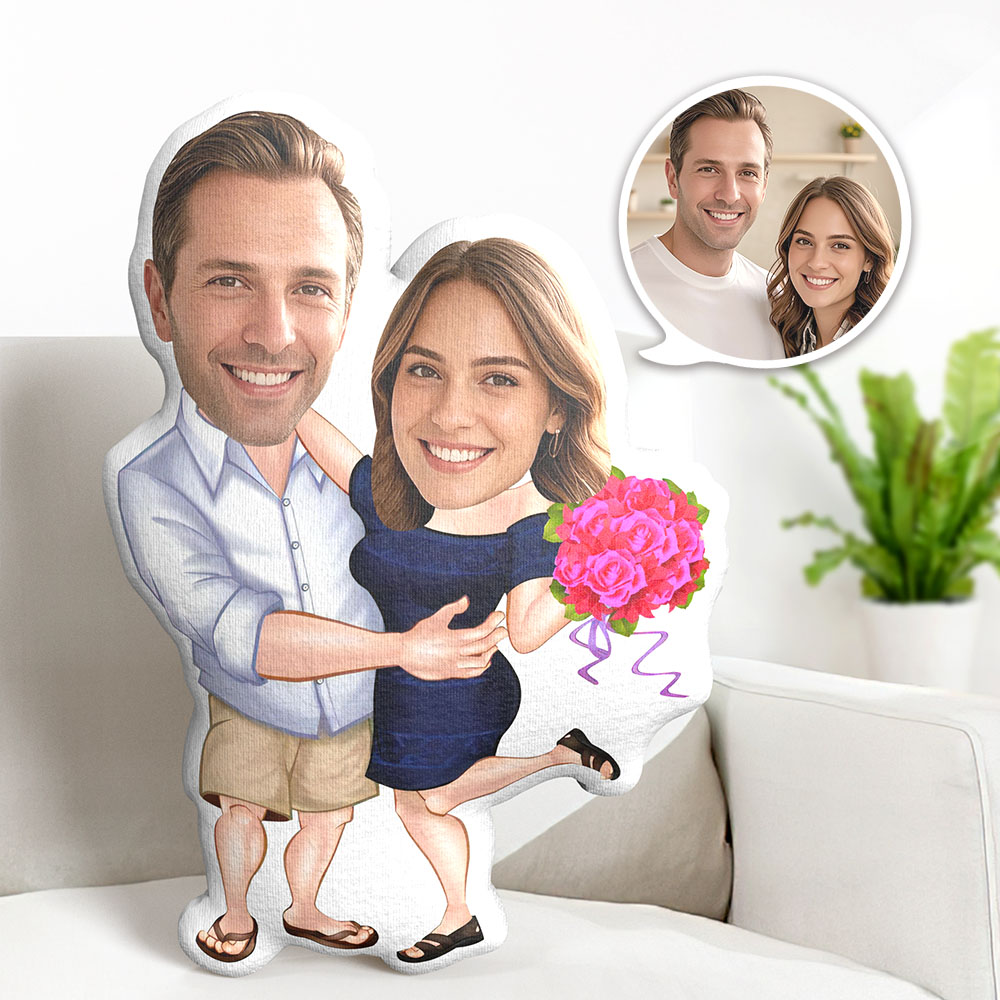 Custom Minime Pillow Couple Cushion Dolls Personalized Flowers Blue Skirt Photo Face Pillow Valentine's Day Gift