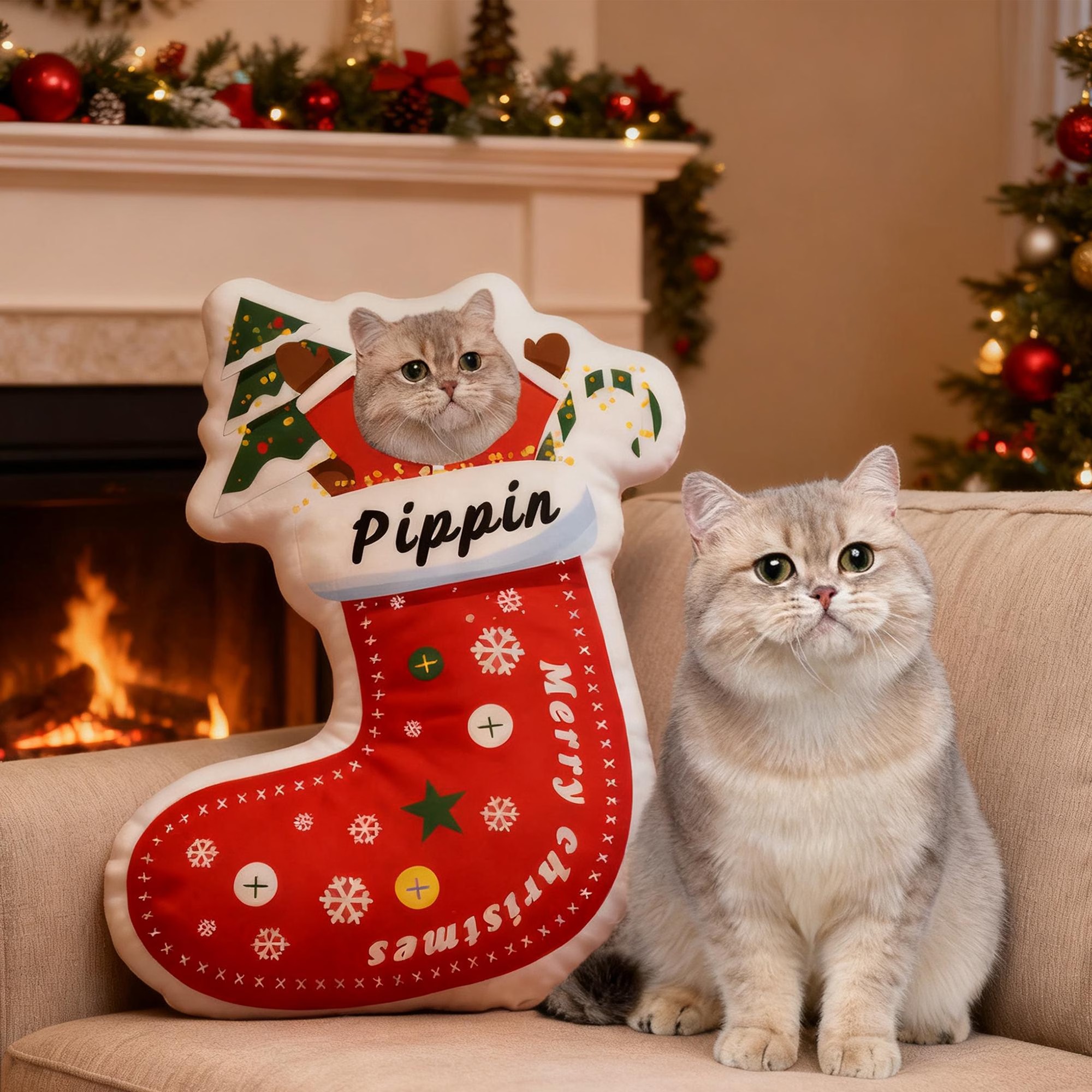 Custom Pet Christmas Stocking Pillow, Personalized Portrait & Name, Pet Face Cushion - 