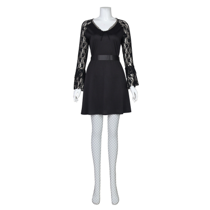 Lisa Frankenstein Misty Cosplay Costume Women Black Lace Long-sleeved Dress Party Carnival