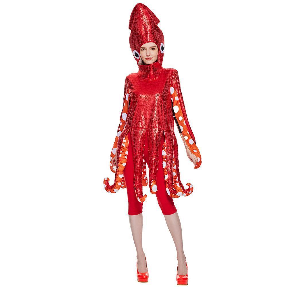 Adult Spoof Squid Costume Red Leggings Jumpsuit Funny Novelty Halloween Cosplay Costume