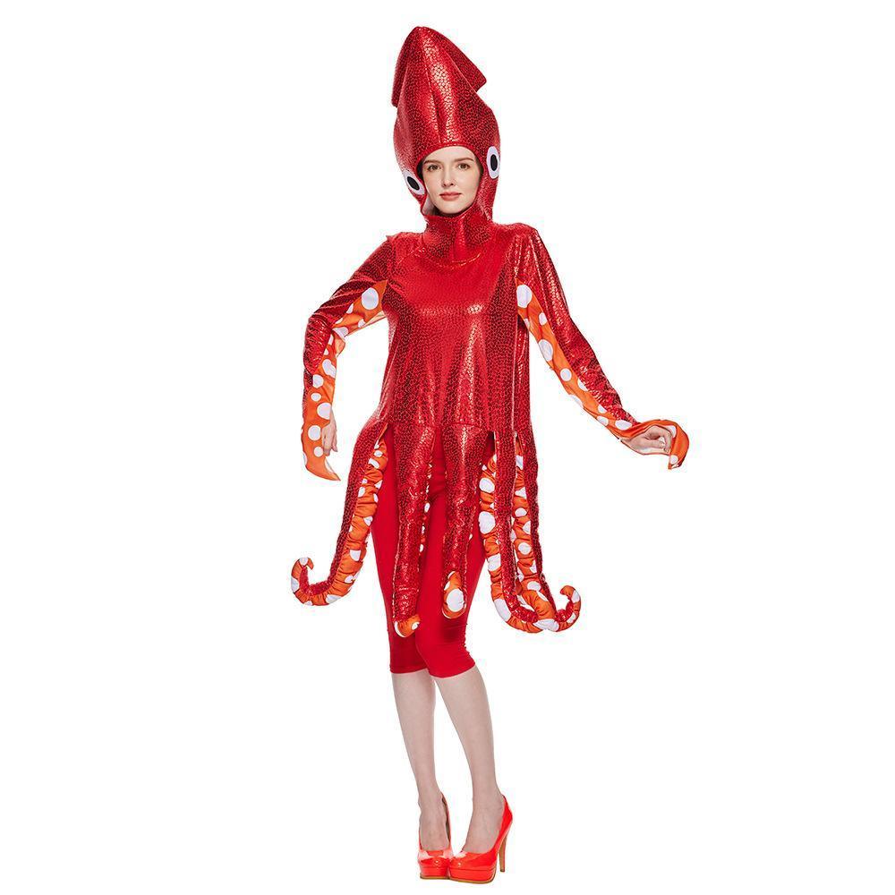 Adult Spoof Squid Costume Red Leggings Funny Novelty Halloween Cosplay Jumpsuit