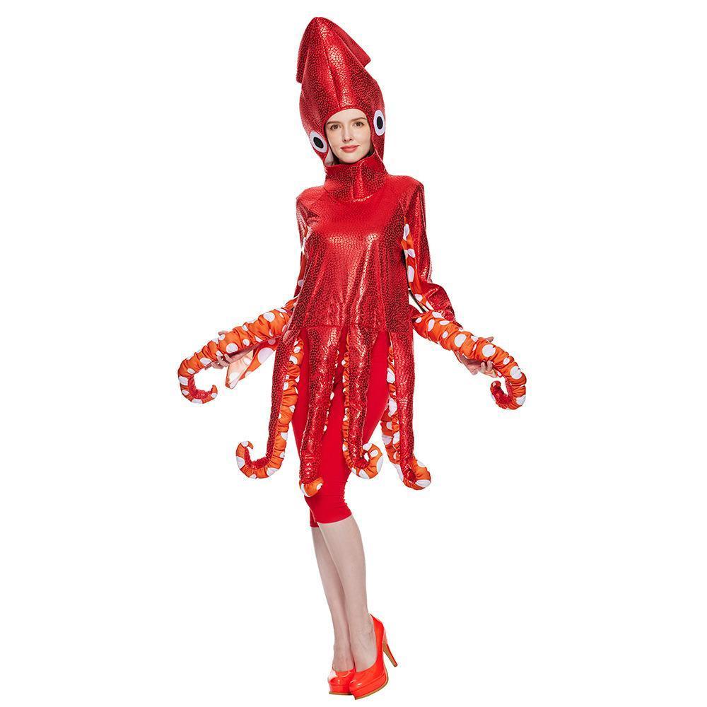 Adult Spoof Squid Costume Red Leggings Funny Novelty Halloween Cosplay Jumpsuit