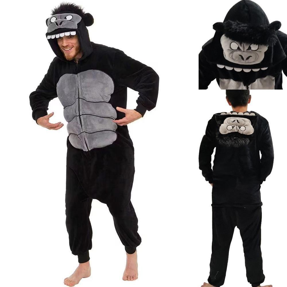Black King Kong Costume Suit Animal Kigurumi Cartoon Flannel Onesie for Adults