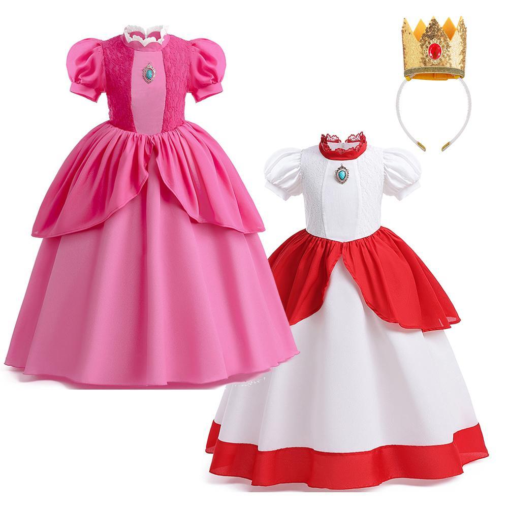 Mario Princess Peach costume party girl Children lace splicing dresses