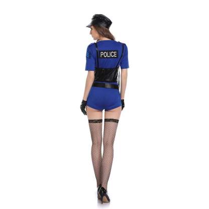 Policewoman Halloween Police Officer Jumpsuit In Blue Sexy Professional Uniform with Hat Handcuffs Cosplay Costumes