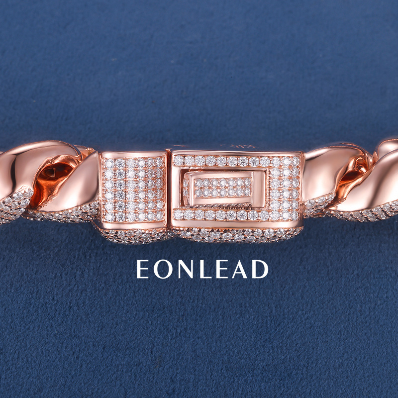 Custom 22mm 6-26inches S925 Silver Rose Gold Plated Round cut VVS Moissanite Diamond Cuban Chain Bracelet Necklace