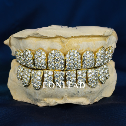 Custom Top & Bottom 10  S925 Silver Yellow Gold Plated VVS Moissanite Diamond Perm cut Honeycomb Setting Teeth Grillz