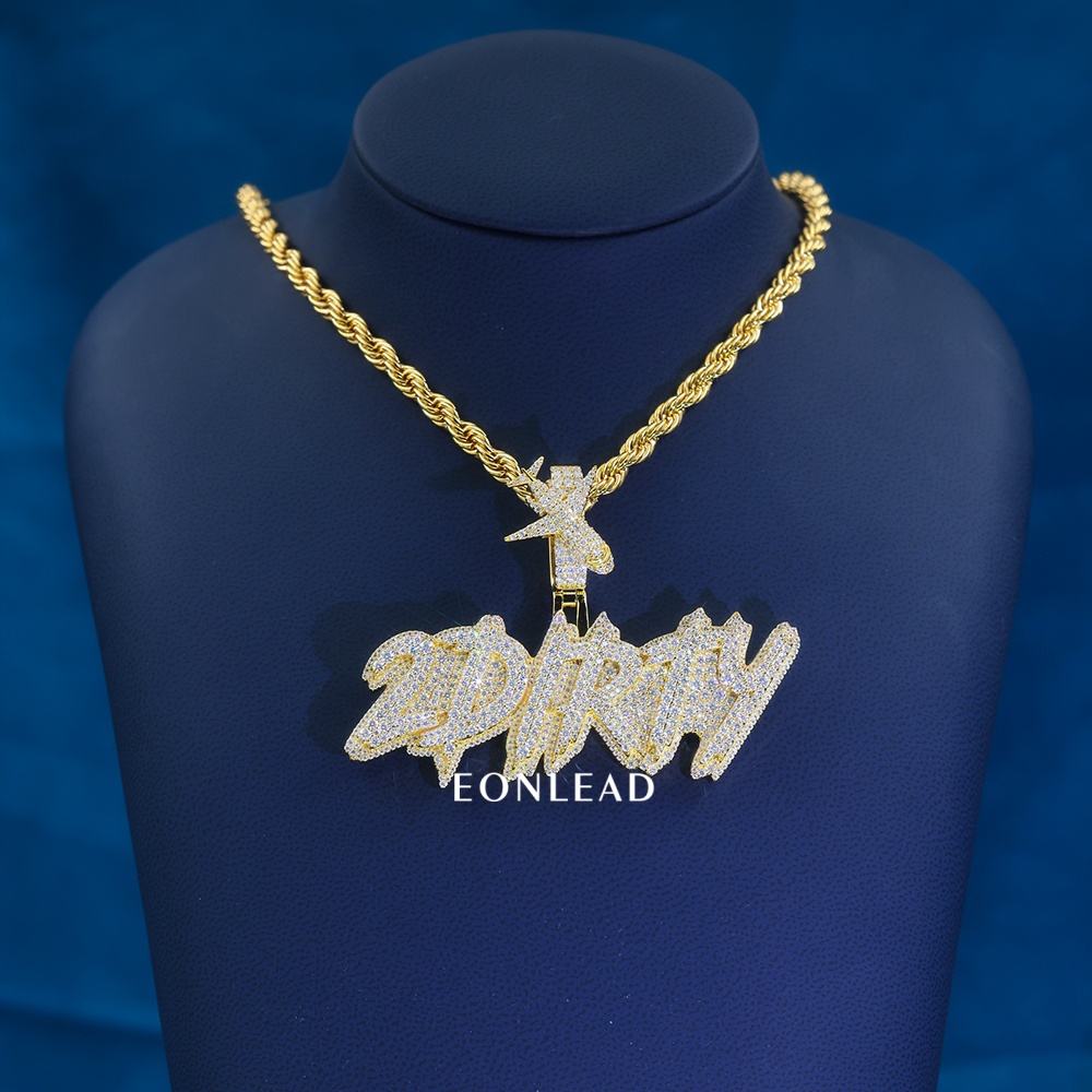 CustomGold Plated Full Iced VVS Moissanite Drip Script Pendant Airplane Shape Bail Hip Hop Personalized Letter Necklace