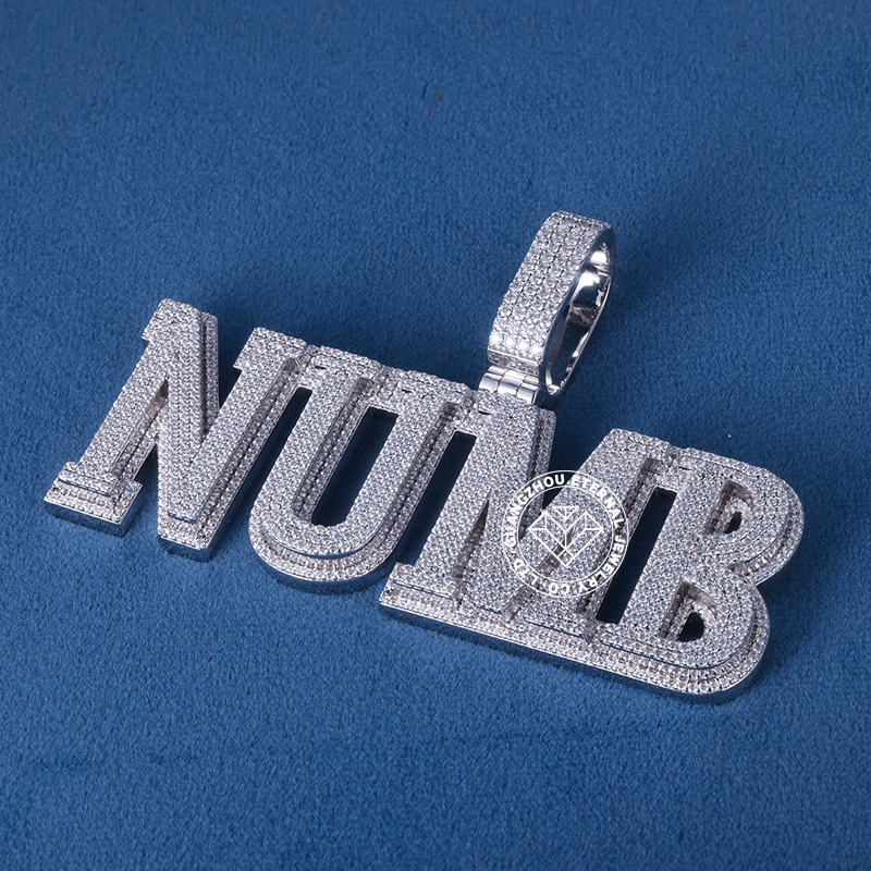 CUSTOM 3INCHES S925 SILVER ICED OUT D VVS MOISSANITE DIAMOND “NUMB” LETTER RAPPER HIP HOP PENDANT 