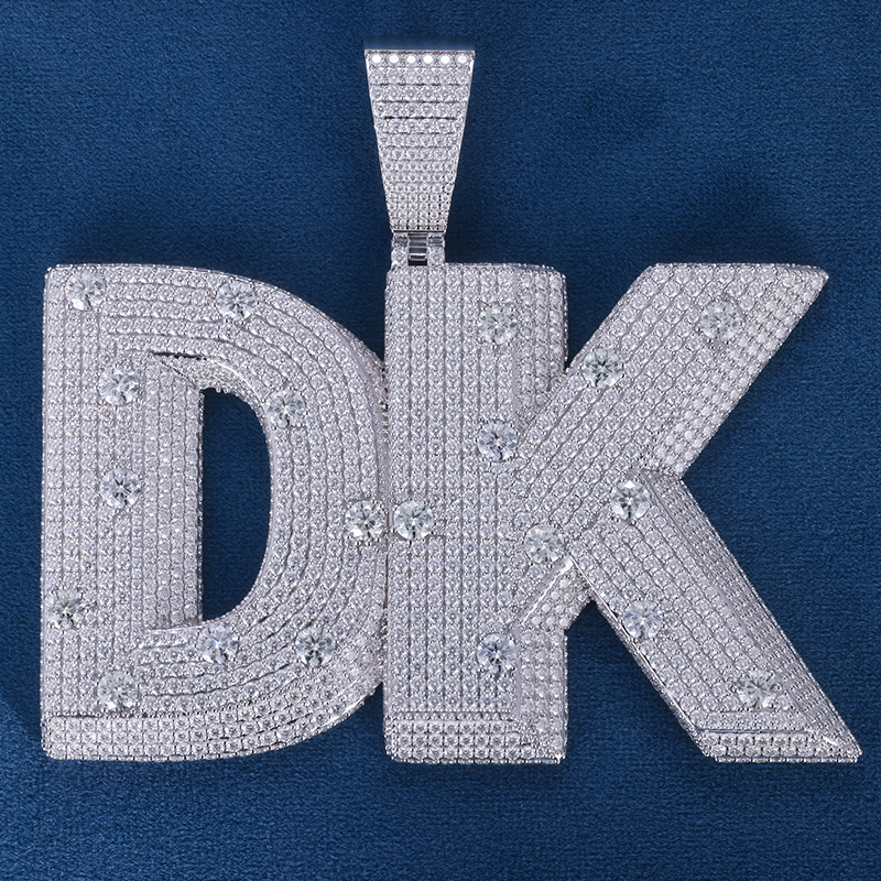 CUSTOM 4INCHES S925 SILVER ICED OUT D VVS MOISSANITE DIAMOND “DK” LETTER RAPPER HIP HOP PENDANT 