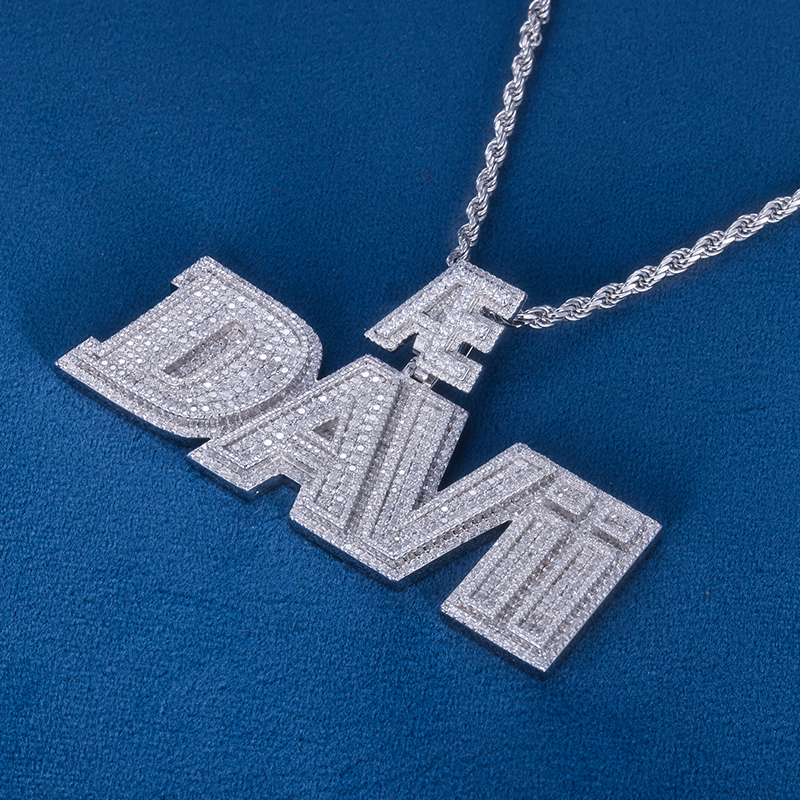 CUSTOM 3INCHES S925 SILVER ICED OUT D VVS MOISSANITE DIAMOND “DAVII” LETTER RAPPER HIP HOP PENDANT 
